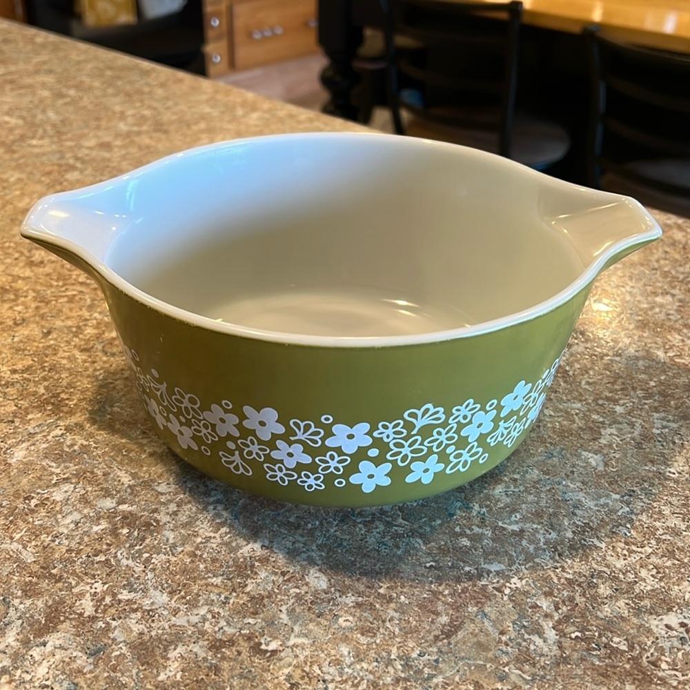 Vintage 475-B Spring Blossom Crazy Daisy Mid Cen. Green Casserole Baking Dish